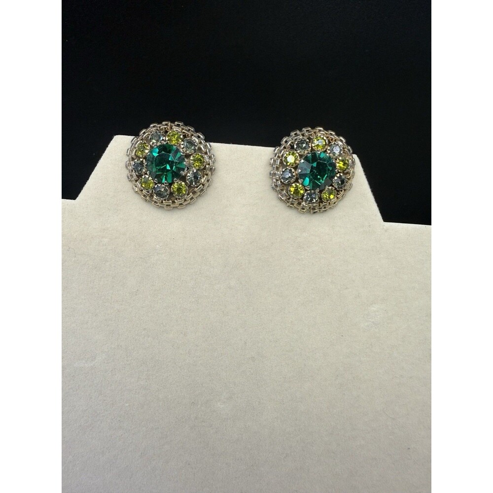 VTG Signed WEISS Silver Tone Domed Green Faceted Rhinestones Clip On Earrings